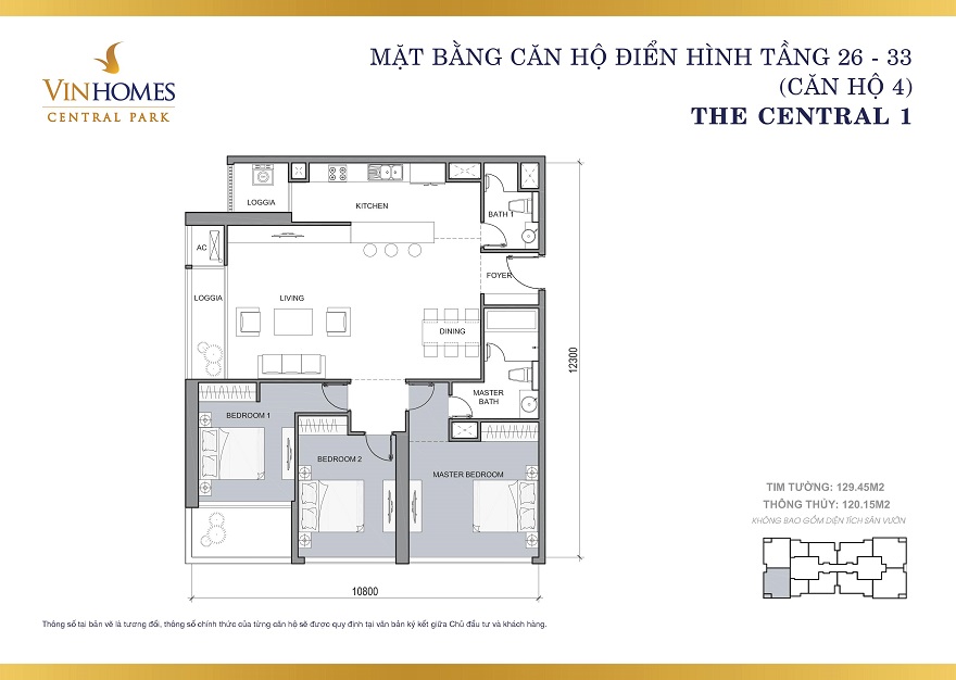 Bản vẽ căn hộ 126m2 3 phòng ngủ Central 1