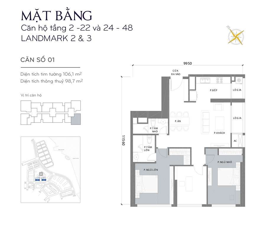 Bản vẽ căn hộ 3 phòng ngủ 106,2m2 