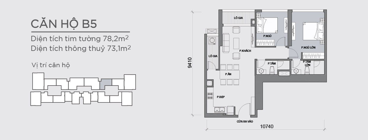 Bản vẽ căn hộ B5 2 phòng ngủ 87,5m2