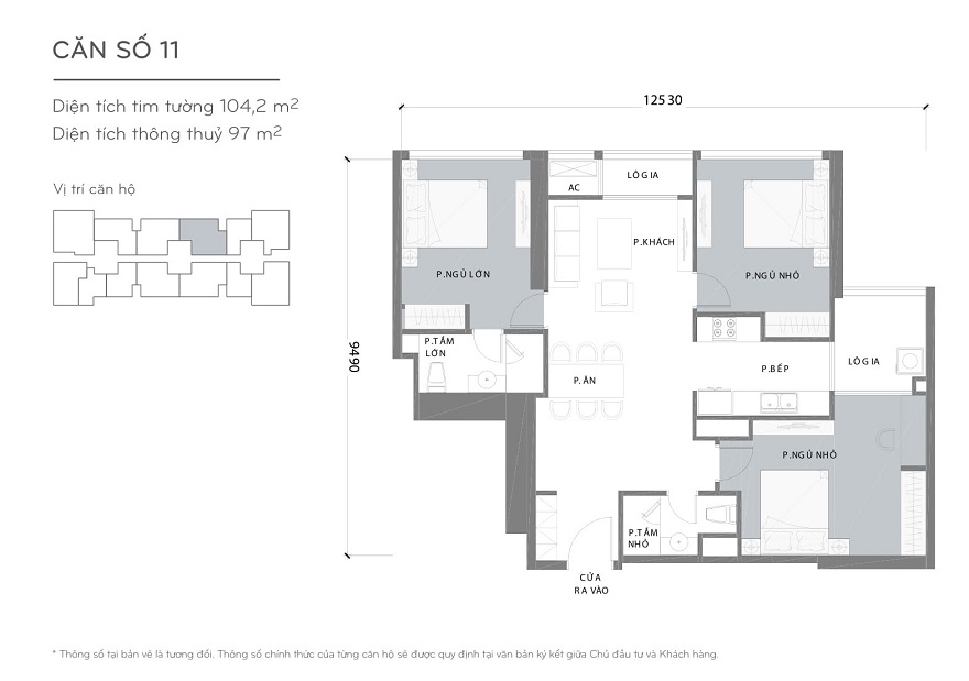 Bản vẽ căn hộ L3-XX.11 rộng 104,2m2 3 phòng ngủ