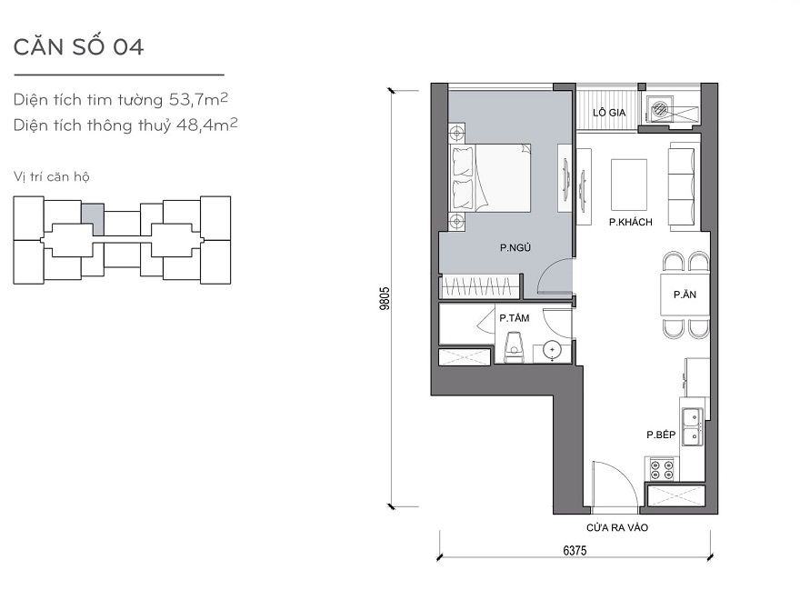 Bản vẽ căn hộ L4-XX.04 54m2 1 phòng ngủ