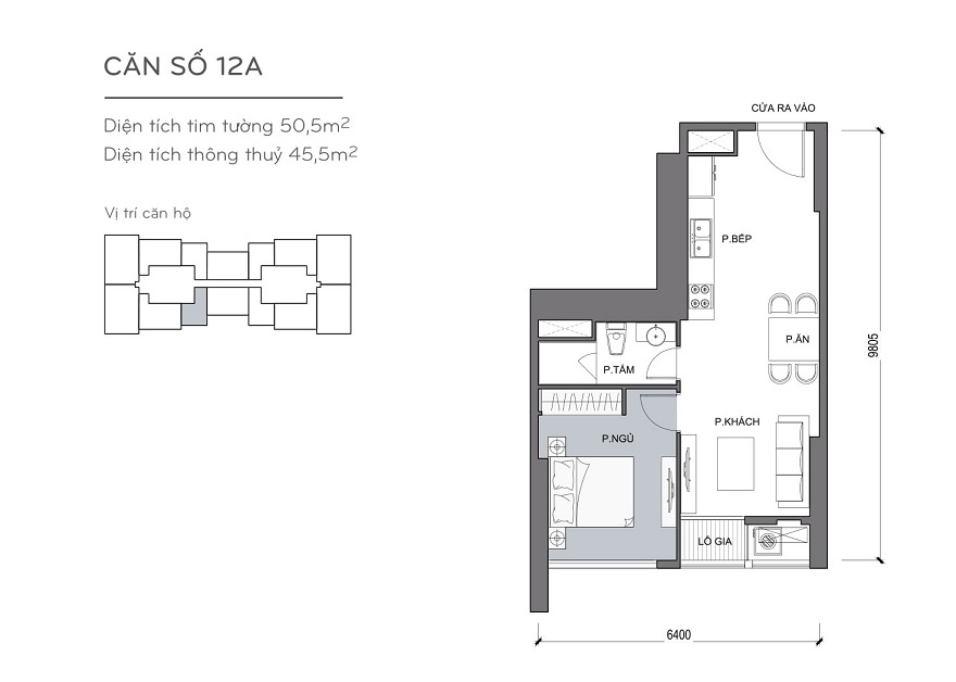 Bản vẽ căn hộ L5-XXX.12A 1 phòng ngủ 50m2