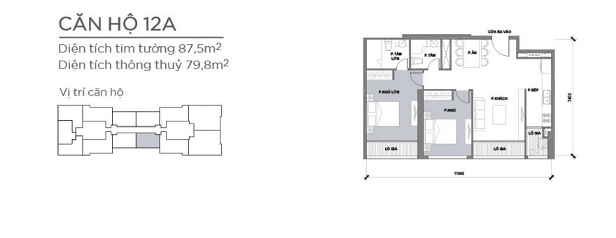 Bản vẽ căn hộ P2-XX-12A 87,5m2 2 phòng ngủ