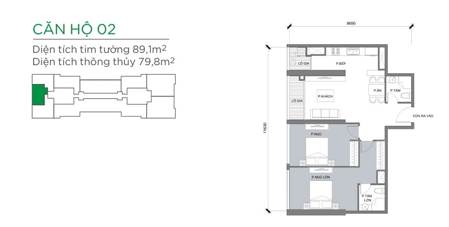 Bản vẽ căn hộ Vinhomes The Park 3 2 phòng ngủ 87,2m2