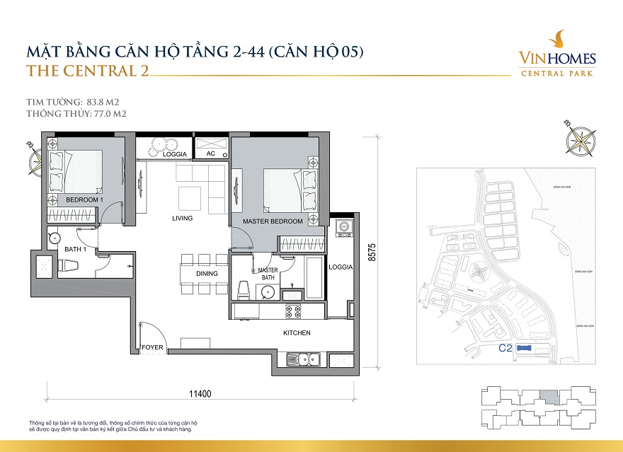 Mặt bằng căn hộ C2-XX.05 2 phòng ngủ